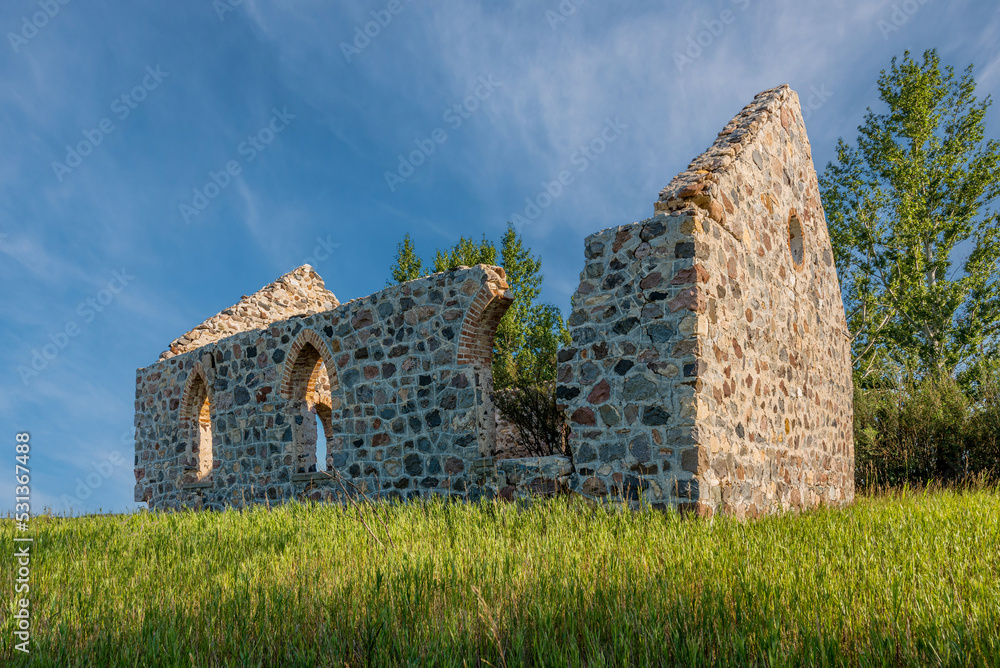 The remaining stone walls of Bethlehem Lutheran Church between Southey and Markinch, SK