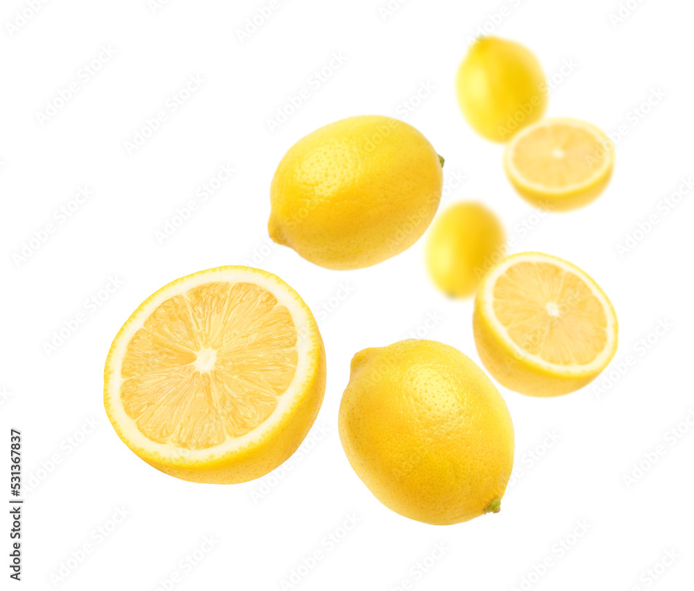 Fresh lemon with cut in half levitate isolated on white background. Fresh lemon with cut in half levitate isolated on white background.