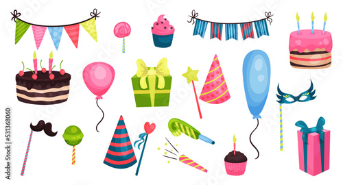 Birthday Party Symbols and Attribute with Cake, Garland, Gift Box, Balloon and Whistle Vector Set