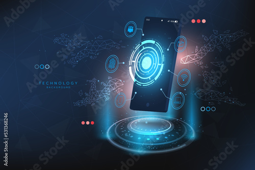 Hi-tech digital technology futuristic circuit digital.Abstract futuristic design.Digital technology 3D mockup mobile phone with hologram and HUD interface. Abstract background technology