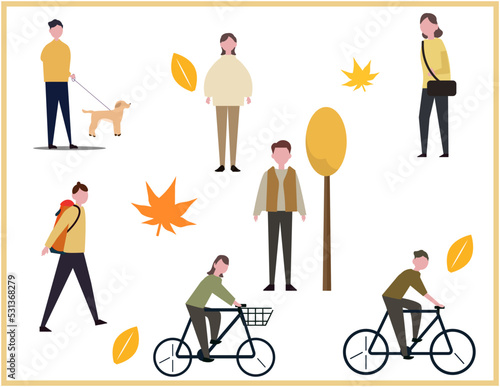 秋の人々のアイコンセット。散歩、ウォーキング、秋のファッション、男女、サイクリング。ベクターイラスト