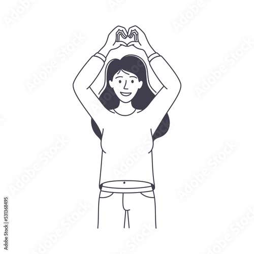Woman Showing Hand Heart Gesture Feeling Happiness and Excitement Vector Illustration