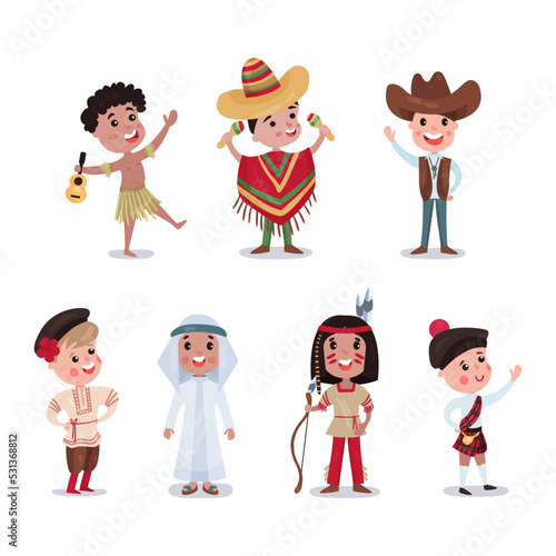 Little Boy Character Wearing National Costume of Different Country Big Vector Set
