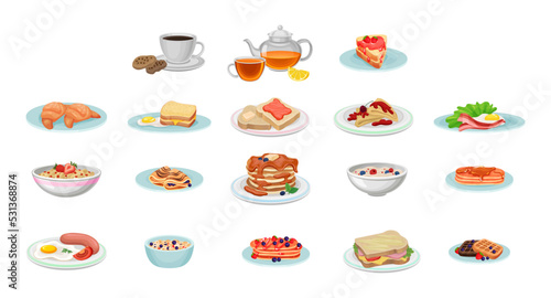 Breakfast Food and Dish Served on Plate as Morning Meal Vector Big Set