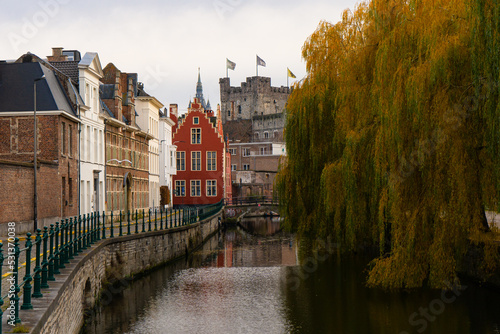 Lievekaai , Patershol , beautiful and romantic atmosphere areas in old town of Ghent during autumn ,  winter evening : Ghent , Belgium : November 30 , 2019 photo