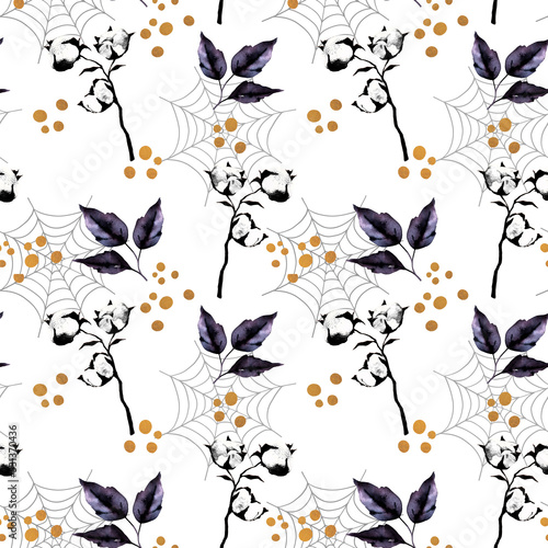 Floral seamless pattern with black leaves and cotton branch. Halloween background on texture watercolor. Hand drawn style.