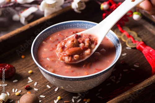 Laba Porridge, Eight Treasure Porridge on wooden table