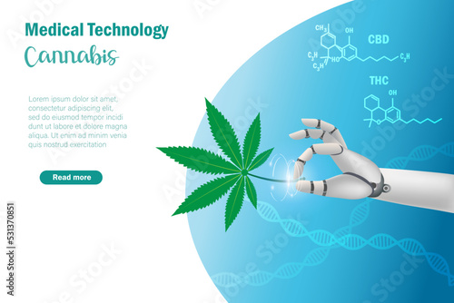 Robot hand hold cannabis leaf with THC CBD molecular structure. Medical robotics, artificial intelligence in laboratory research, innovation technology for patient therapy and health care.