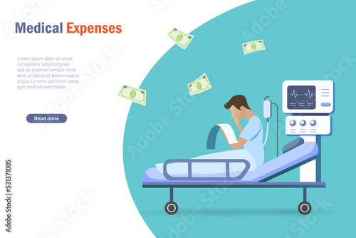 Medical expenses and health insurance concept. Patient in hospital holding medical bills feeling worry about surgery cost, hospital expenses.