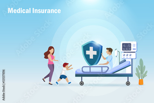Medical and health insurance protection. Happy family in hospital bed with medical insurance shield to support medical surgery expenses and hospital bill.