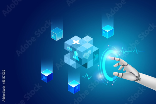 Medical robotics technology. Robot hand touching medical block chain service network connection. Artificial intelligence robot assist doctor on surgery and medical health in hospital.