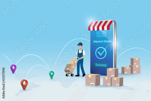 Online delivery, global logistics with smart tracking technology. Delivery man arrange carton shipments with pinpoints on world map.