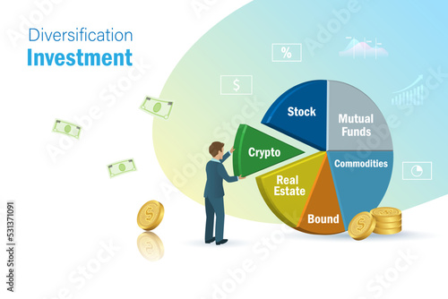 Businessman rebalancing diversification investment on pie graph. Financial allocation investment strategy and and risk management on portfolio.