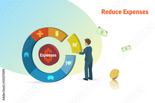 Reduce expenses, cost of living concept. Businessman cut off unnecessary expense from pie graph for reduce cost payment.