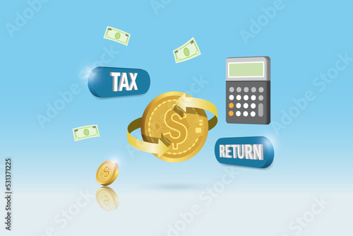 Tax filing and tax return concept. Gold coin tax payment with money return arrow from submitted tax.