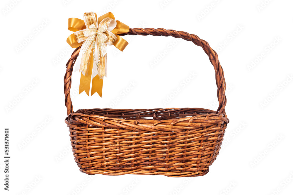 Christmas basket or Empty Wood basket and gold ribbon bow  decoration isolated on white background.