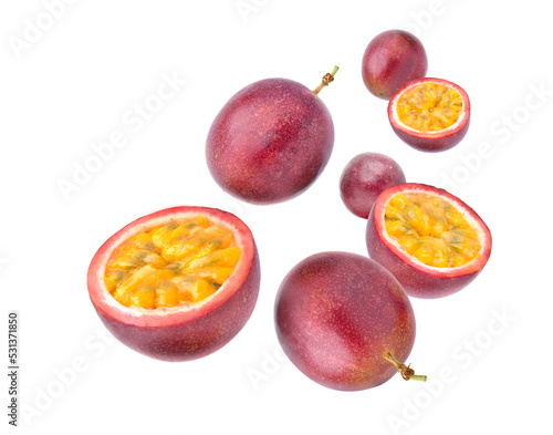 Purple passion fruit (Passiflora edulis) levitate isolated on white background. full depth, Clipping path..