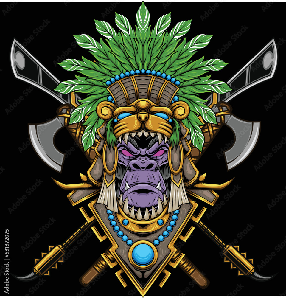 Vector illustration of gorilla wearing aztec helmet with vintage style ...