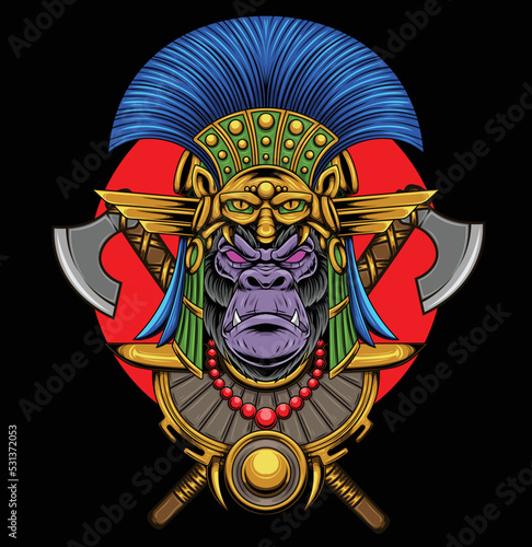 Vector illustration of gorilla wearing aztec helmet with vintage style drawing