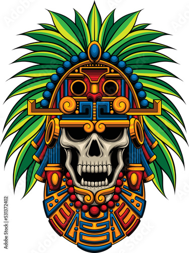 Vector illustraion of aztec skull warrior with vintage style drawing