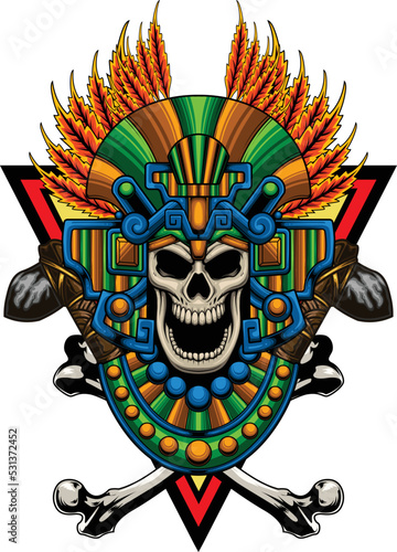 Vector illustraion of aztec skull warrior with vintage style drawing