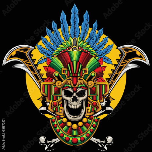 Vector illustraion of aztec skull warrior with vintage style drawing
