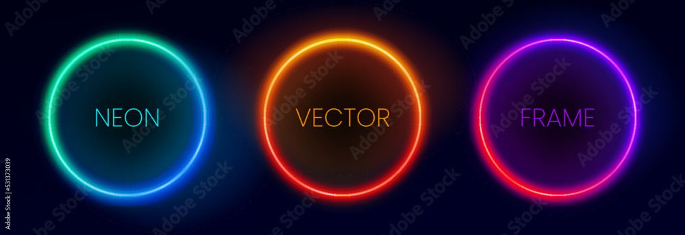 Set of glowing neon frames. Collection of round neon borders. Abstract background in vibrant colors with copy space. Stock vector futuristic design elements. Set of glowing neon frames. Collection of round neon borders. Abstract background in vibrant colors with copy space. Stock vector futuristic design elements.
