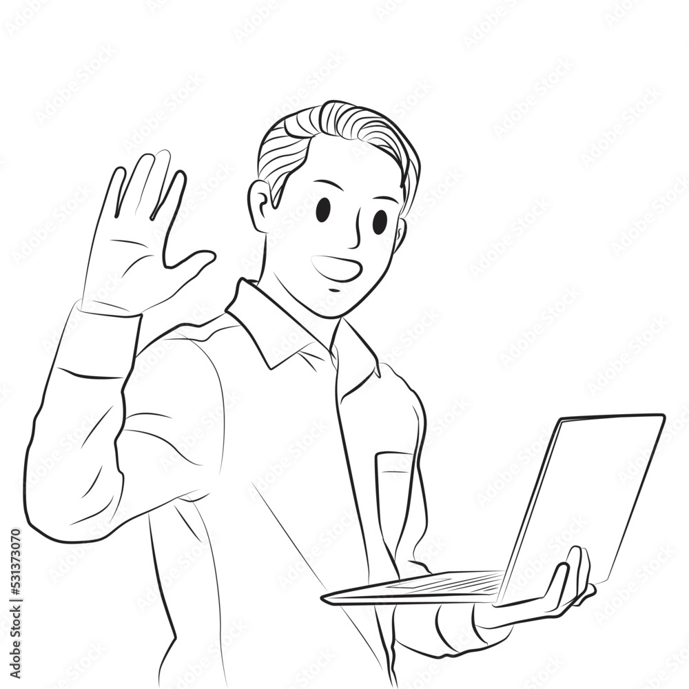 Attractive male hold laptop smile happy pose line art Cartoon illustration Attractive male hold laptop smile happy pose line art Cartoon illustration