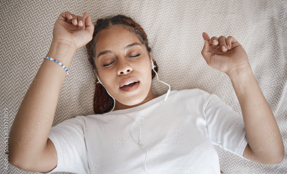 relax-sleep-and-bed-with-woman-listening-to-music-while-sleeping-in