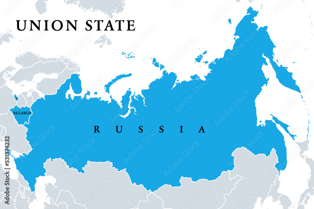 Union State, member states, political map. Officially the Union State of Russia and Belarus, is a supranational organisation, with the stated aim of deepening the relationship between the two states.