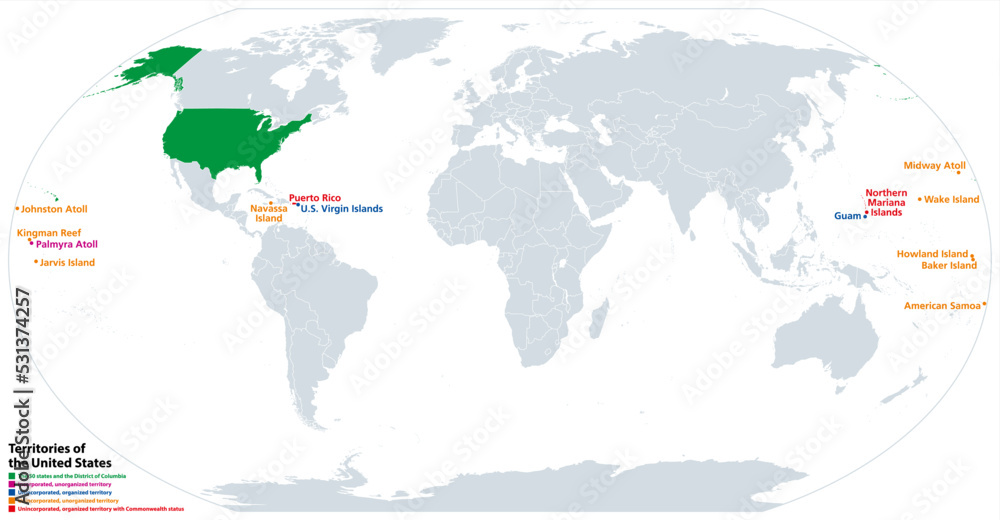 Territories of the United States, political map. Subnational