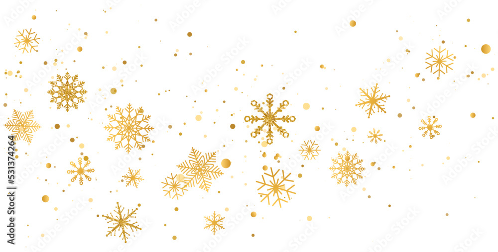 Snowflakes golden wave composition. Snow fall. Christmas gold celebration long banner. Winter design. Happy New Year card. Holiday background. Season greeting. Glitter luxury card.Vector illustration