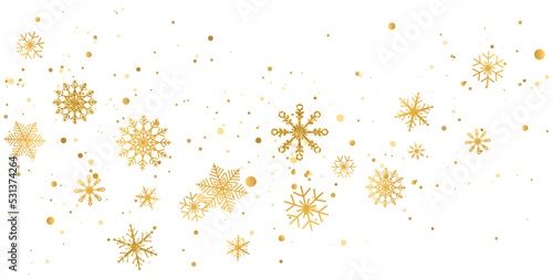 Snowflakes golden wave composition. Snow fall. Christmas gold celebration long banner. Winter design. Happy New Year card. Holiday background. Season greeting. Glitter luxury card.Vector illustration