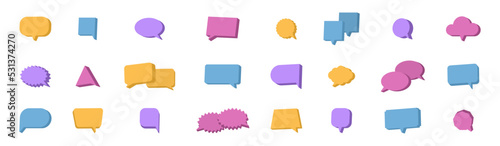 Speech balloon 3d color set. Comment geometric bubble. Chat message icon. Social media banner. Dialog frame. Speak tag. Cloud quite sign. Business communication. Talk idea. Vector illustration