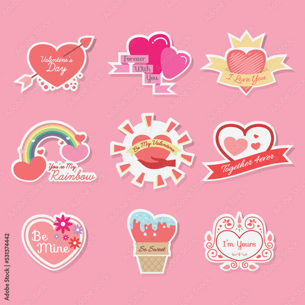 Valentine's day sticker badges and labels flat hand drawn cartoon Valentine's day sticker badges and labels flat hand drawn cartoon