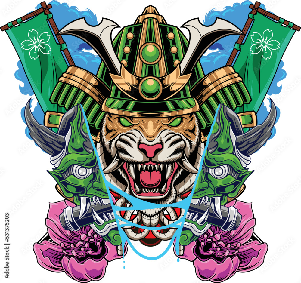Vector illustration of tiger wearing samurai helmet and mask with sword and japanese flower Vector illustration of tiger wearing samurai helmet and mask with sword and japanese flower