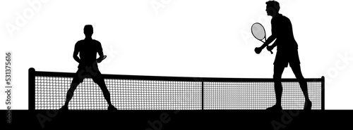 Tennis match silhouette scene with men players playing across net scene