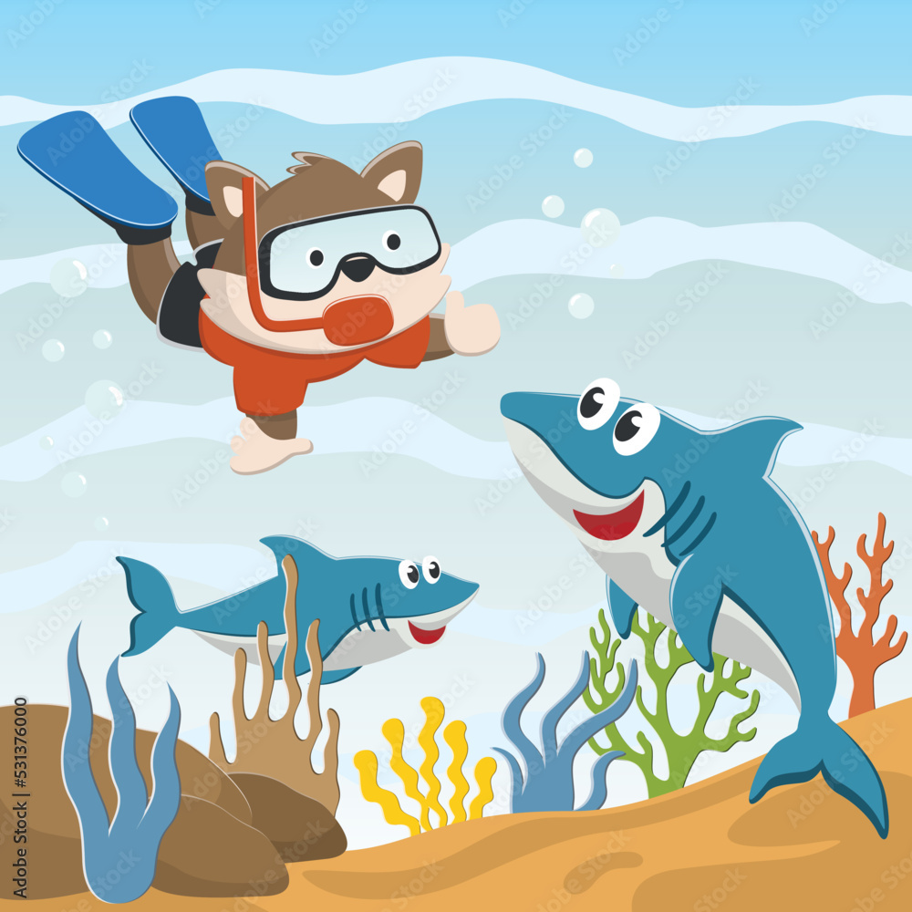 Vector illustration of cute little fox diving in undersea adventure on a background of beautiful blue water Vector illustration of cute little fox diving in undersea adventure on a background of beautiful blue water