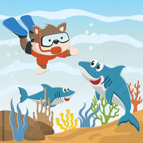 Vector illustration of cute little fox diving in undersea adventure on a background of beautiful blue water