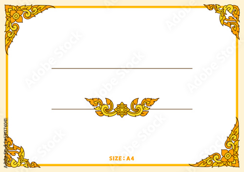 thai pattern filigree decoration border yellow flower frame A4 template vector illustration