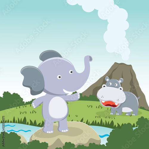 Cute little elephant and little hippo play around swamp. Funny Kid Graphic Illustration. T-Shirt Design for children. Creative vector childish background for wallpaper  poster and other decoration.