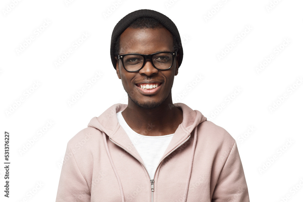 Close up portrait of smiling handsome black guy in pink hoodie, isolated Close up portrait of smiling handsome black guy in pink hoodie, isolated