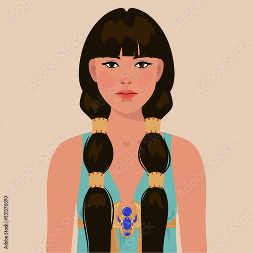 egyptian girl with long hair in a tunic with a scarab brooch. illustration isolated on a white background.