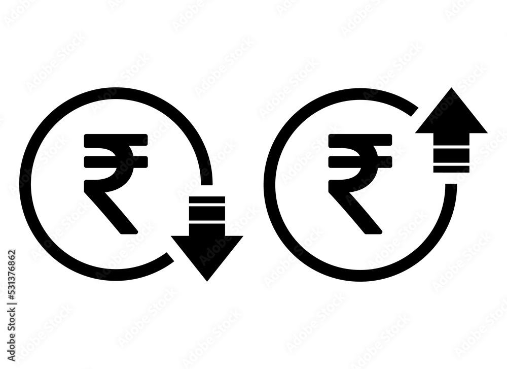 Set of cost symbol rupee increase and decrease icon. Money vector symbol isolated on background Set of cost symbol rupee increase and decrease icon. Money vector symbol isolated on background