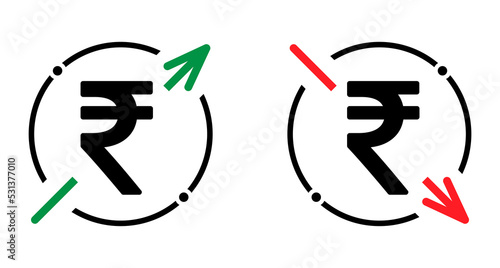 Set of cost symbol rupee increase and decrease icon. Money vector symbol isolated on background