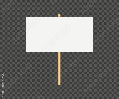 Picket banner frame. Blank demonstration banner mock up. Empty protest placard with wooden poles. Realistic politic strike board mockup. Vector illustration isolated on transparent background.