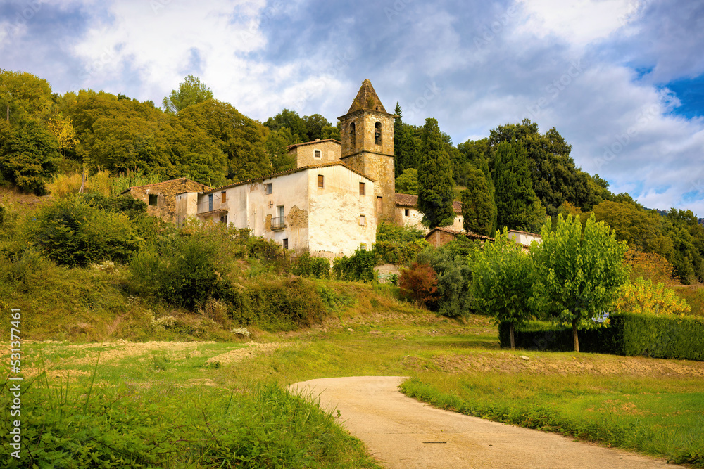 Panoramic view of the town of San Ainiol de Finestres, municipality of the Garrotxa region, Catalonia, Spain