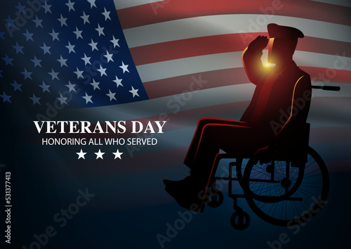 Disabled soldier sitting in a wheelchair saluting againts United States of America flag