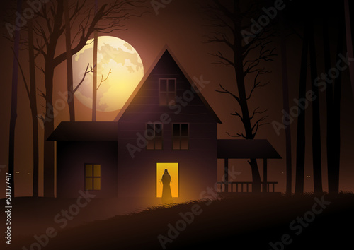 Mysterious woman standing in front of scary house door