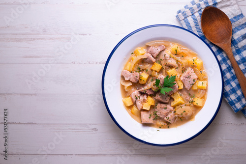 Pork stew with potatoes. Traditional tapas recipe from the north of Spain.
